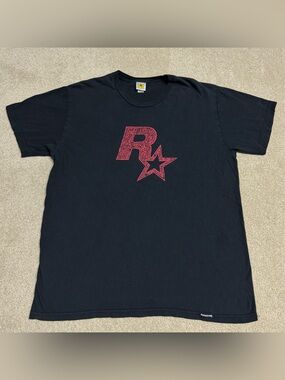 Vintage 1998 Rockstar Games Red Linocut Logo Graphic T Shirt Men’s XL Black
